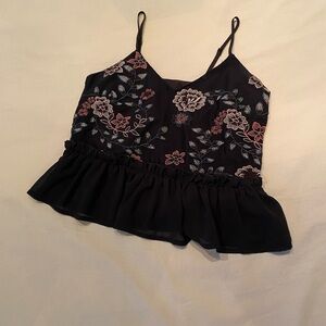 Floral embroidered black top